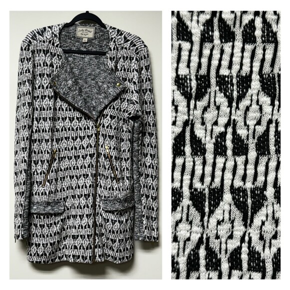 LUCKY BRAND Long Moto Jacket, Black and White, Sz L - Picture 3 of 16